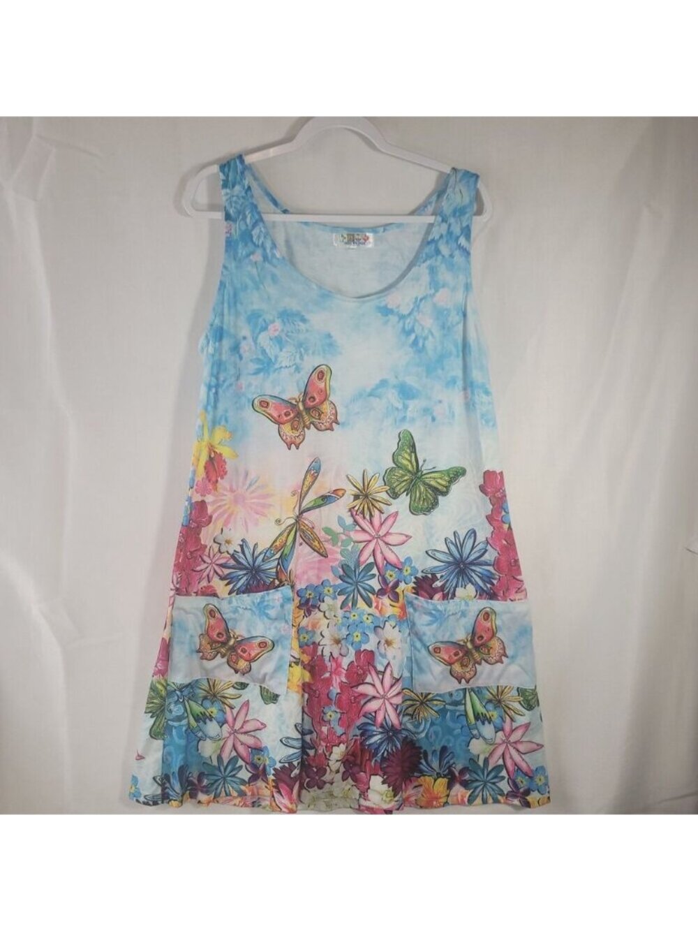 India Boutique Butterfly Floral Pocket Tank Dress OS One Size Sky Blue Whimsy
